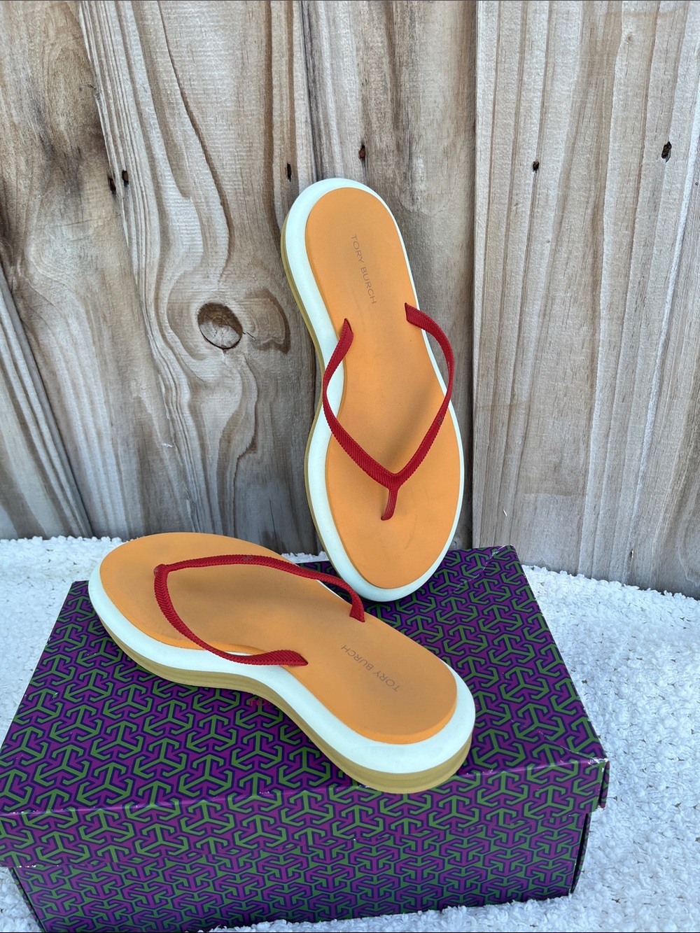 Tory Burch Orange Footbed with Red Straps Platform Sandals